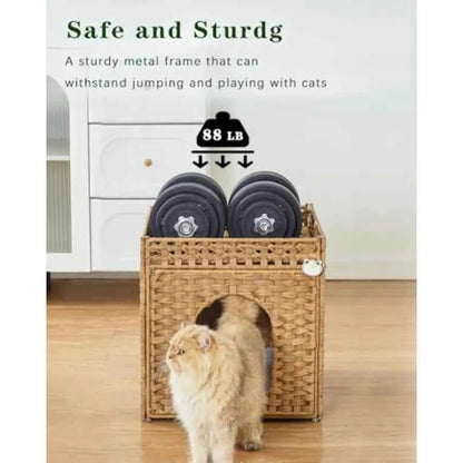 Indoor cat bed: handwoven rattan pet cube with double-sided soft cushions beige extra-large foldable hideaway for living room u