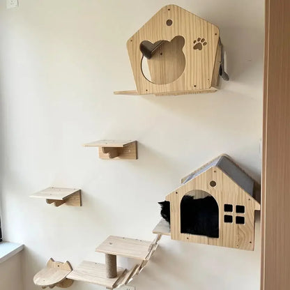 Wooden Cat Climbing Shelves Wall Mounted Cat Tree Sisal Scratching Post Pedal Hammock Indoor Kitten Playground Cats Accessories