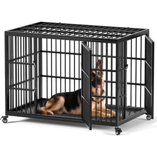 48 Inch Heavy Duty Dog Crate for Large Dogs with Self-Locking Latch Escape-Proof Steel Kennel Indoor XL Large Double Door Metal