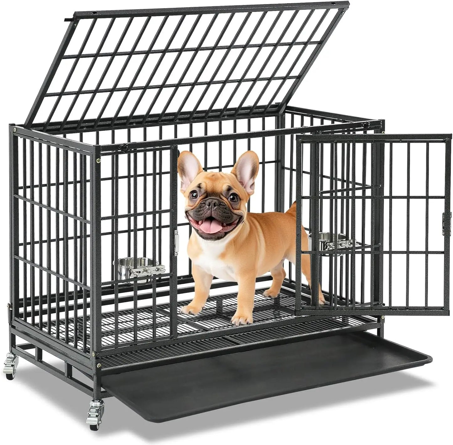 37' Stackable Heavy Duty Dog Crate, Escape Proof Kennel with Lockable Wheels, Removable Tray & Metal Grid for Medium/Small Dogs