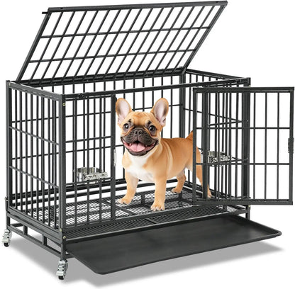 37' Stackable Heavy Duty Dog Crate, Escape Proof Kennel with Lockable Wheels, Removable Tray & Metal Grid for Medium/Small Dogs