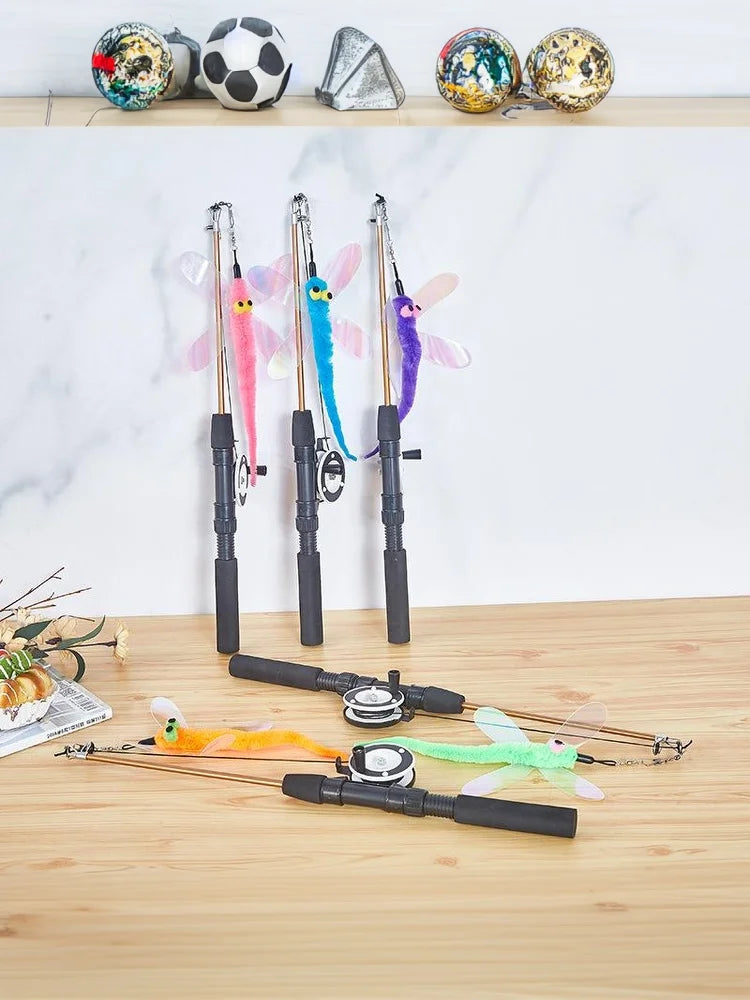 1Pc Telescopic Cat Fishing Rod Toy with Fish & Feathers, Interactive Funny Teaser Wand for Kitten Play
