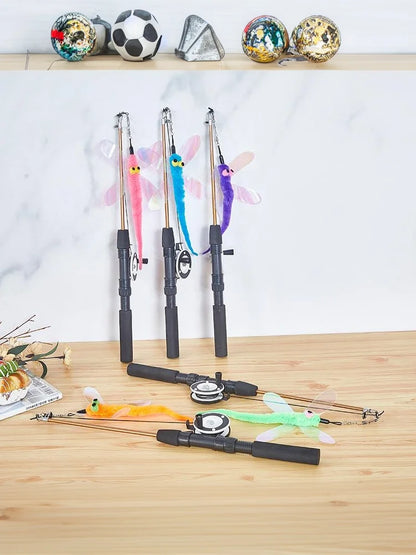 1Pc Telescopic Cat Fishing Rod Toy with Fish & Feathers, Interactive Funny Teaser Wand for Kitten Play
