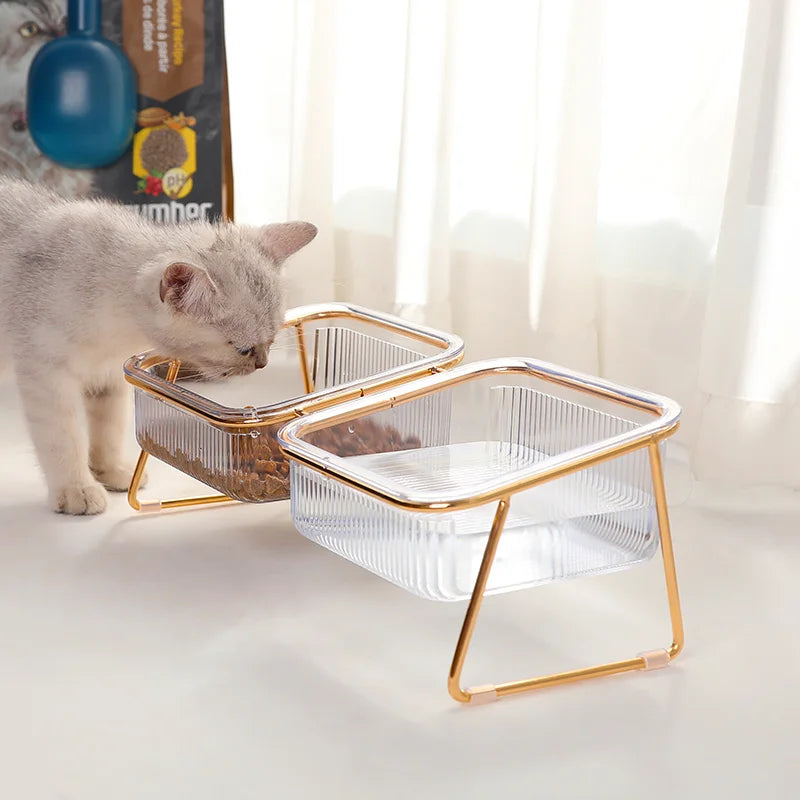 Transparent Elevated Dual Cat Bowl, 2-in-1 Raised Feeder for Food & Water, Tilted Design for Easy Eating, Ideal for Cat Health