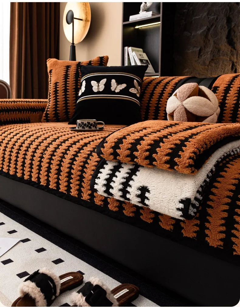 Geometric Lines Jacquard Soft Thicken Tuffed Fleece Sofa Towel Blanket for Living Room Cover Machine Washable Pet Friendly