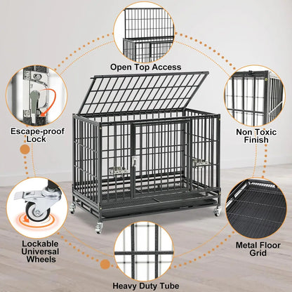 37' Stackable Heavy Duty Dog Crate, Escape Proof Kennel with Lockable Wheels, Removable Tray & Metal Grid for Medium/Small Dogs
