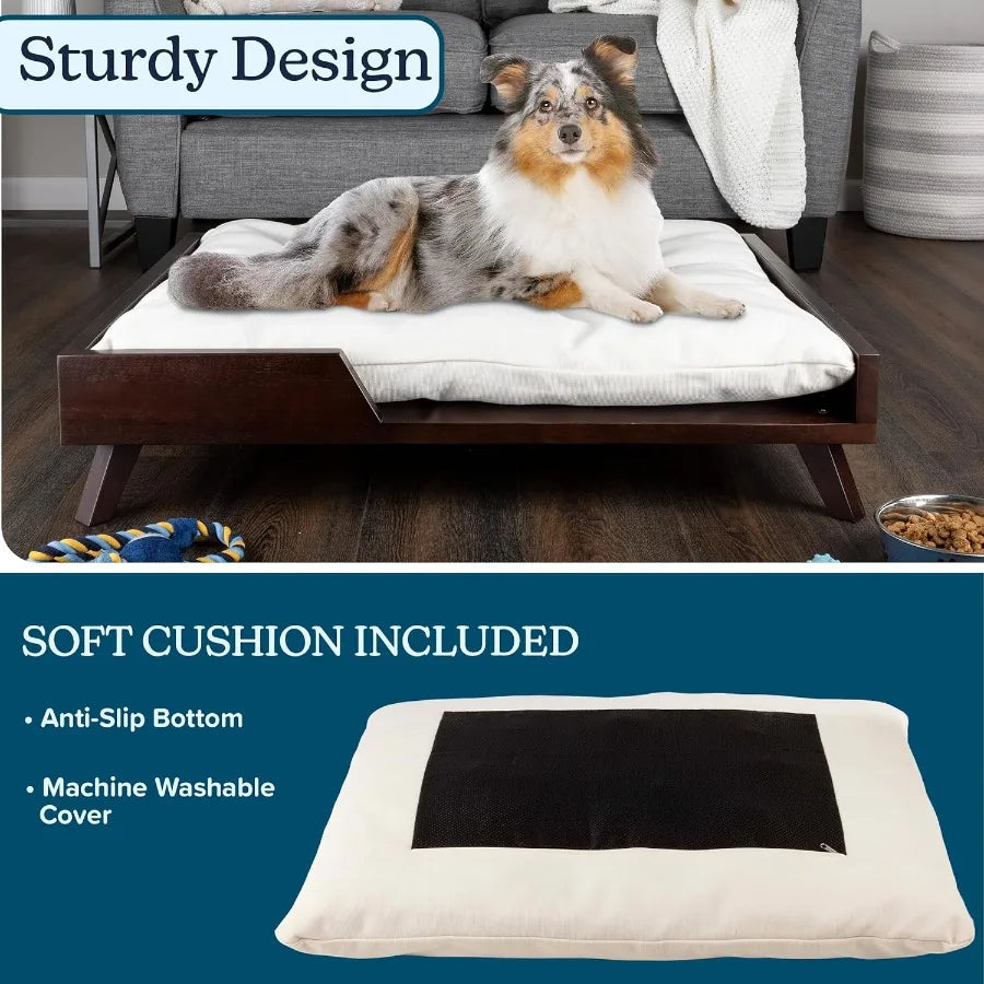 Elevated Dog Bed 36 x 29.5 Indoor Pet Bed with Frame and Soft Cushion Designed for Medium to Large Pets Mid-Century Modern Wood