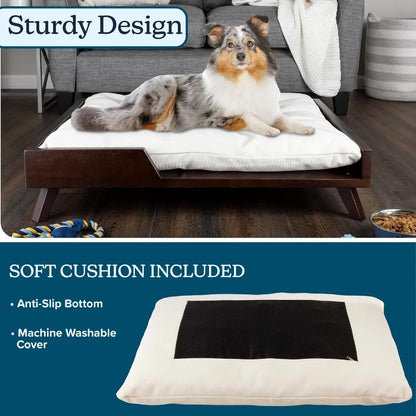 Elevated Dog Bed 36 x 29.5 Indoor Pet Bed with Frame and Soft Cushion Designed for Medium to Large Pets Mid-Century Modern Wood