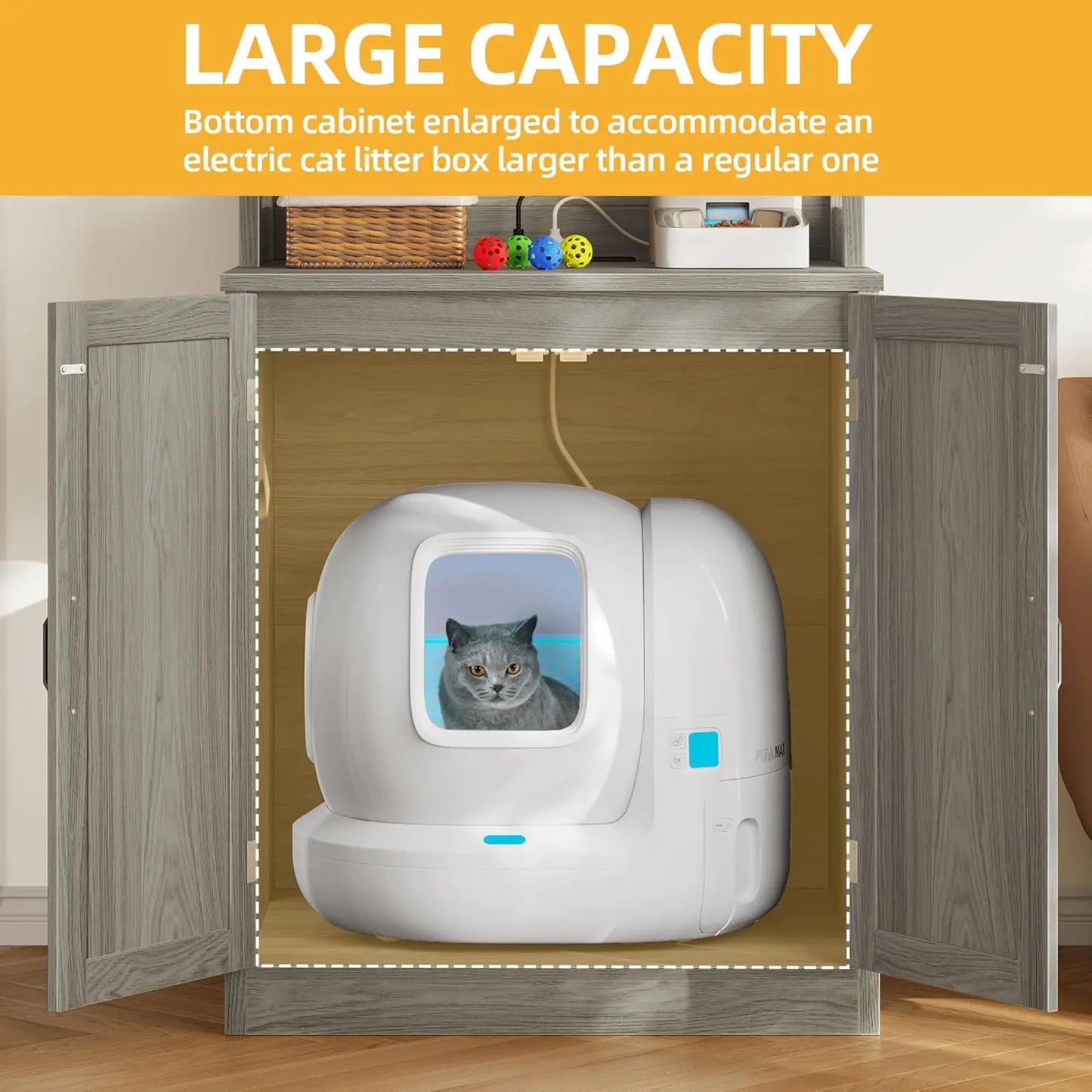 Large Hidden Litter Box Furniture with Shelves and Charging Station, Wooden Enclosure for Self-Cleaning Litter Boxes, Grey