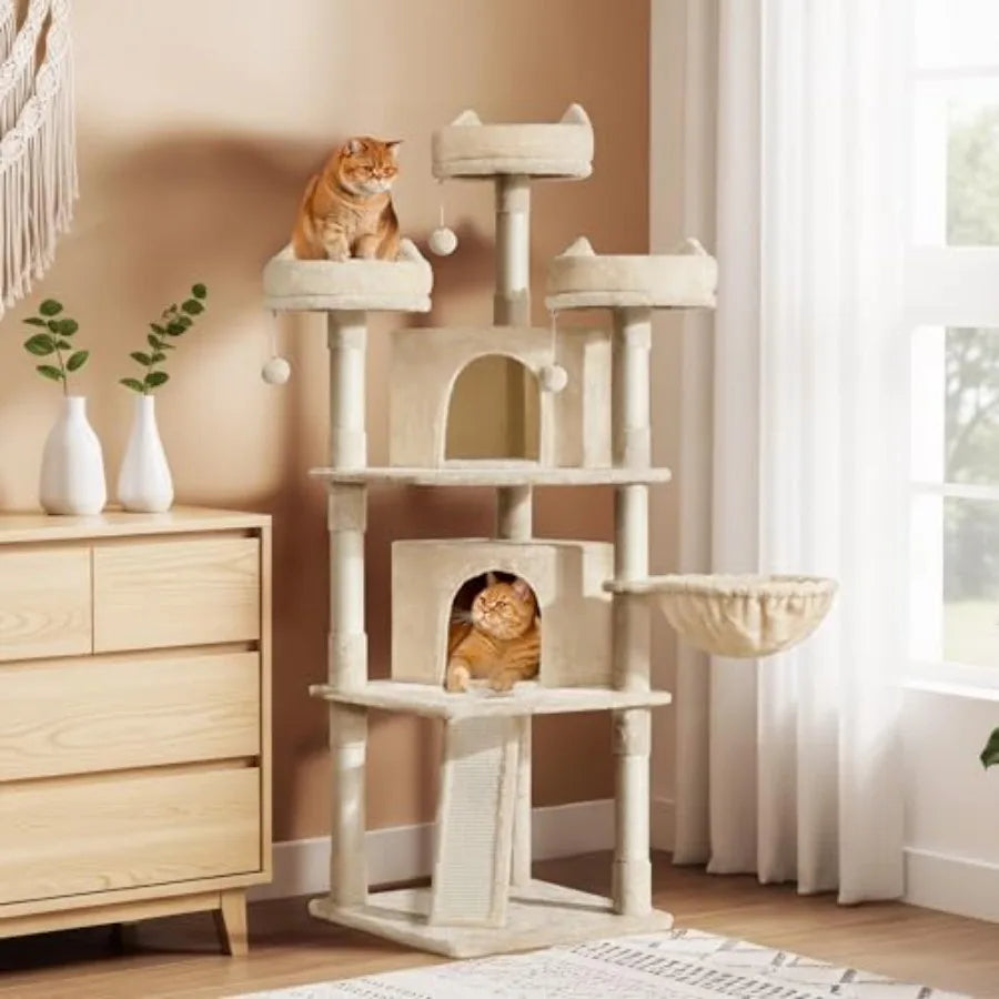 69in Large Cat Tree Tower, 2 Condos, Sisal Posts and Cat-Ear Perch Sturdy anti-wobble base, soft basket, climbing ramp, easy as