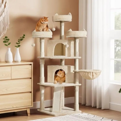 69in Large Cat Tree Tower, 2 Condos, Sisal Posts and Cat-Ear Perch Sturdy anti-wobble base, soft basket, climbing ramp, easy as