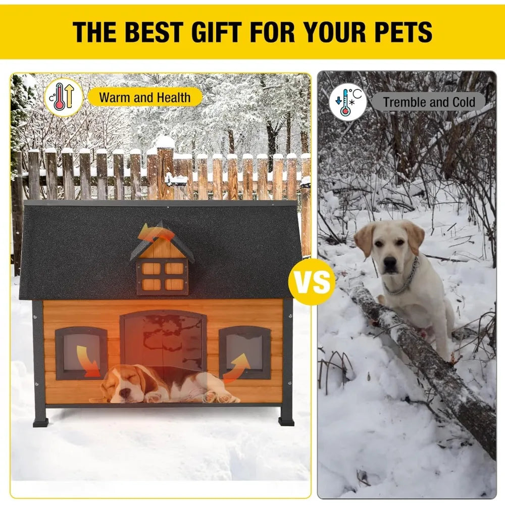 Dog House with Insulated Liner Anti-Chewing Metal Frame Design Insulated Wooden Dog Kennel with Unique Design Roof, Weatherproof