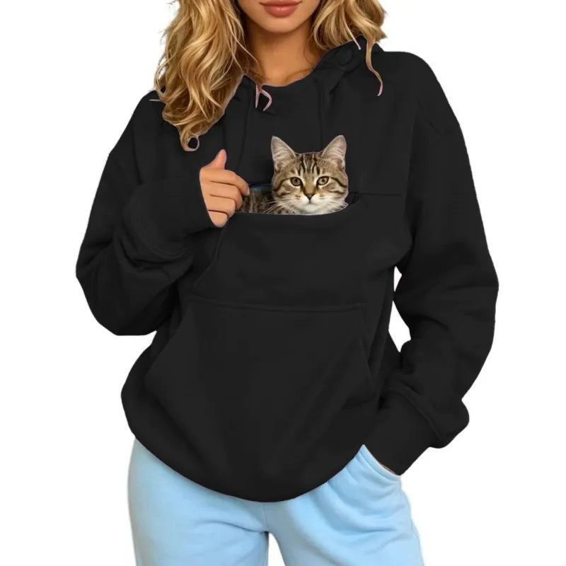 Pet Lover Sweatshirt Women Pet Carrier Hoodie With Pet Pocket Drawstring Long Sleeve Cat Dog Holding Pullover Solid Loose Casual