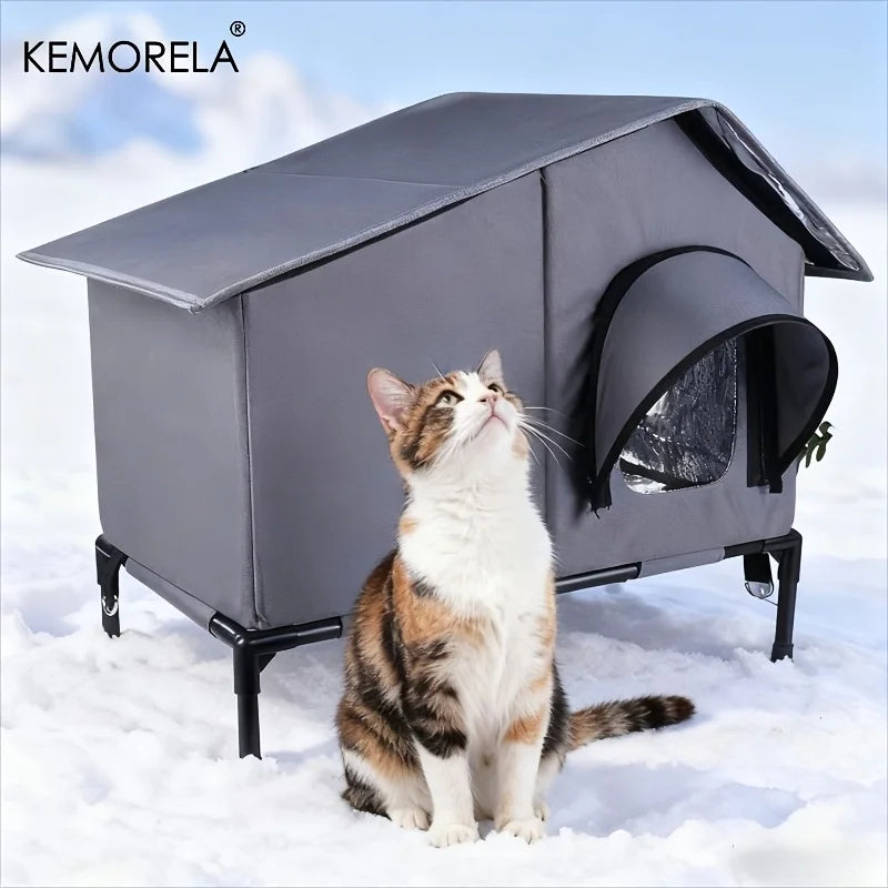 KEMORELA Winter Outdoor Cat House Equipped with an Escape Door - Large Feral Cat Shelter Collapsible Shelter for Small Dogs&Cats