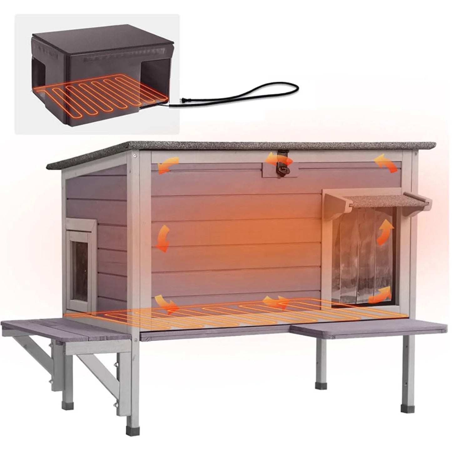 Wooden Heated Cat House with Heating Pad | Waterproof Roof