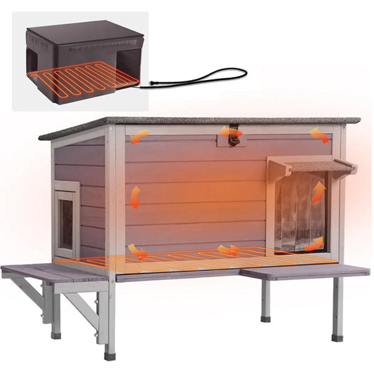Wooden Heated Cat House with Heating Pad | Waterproof Roof