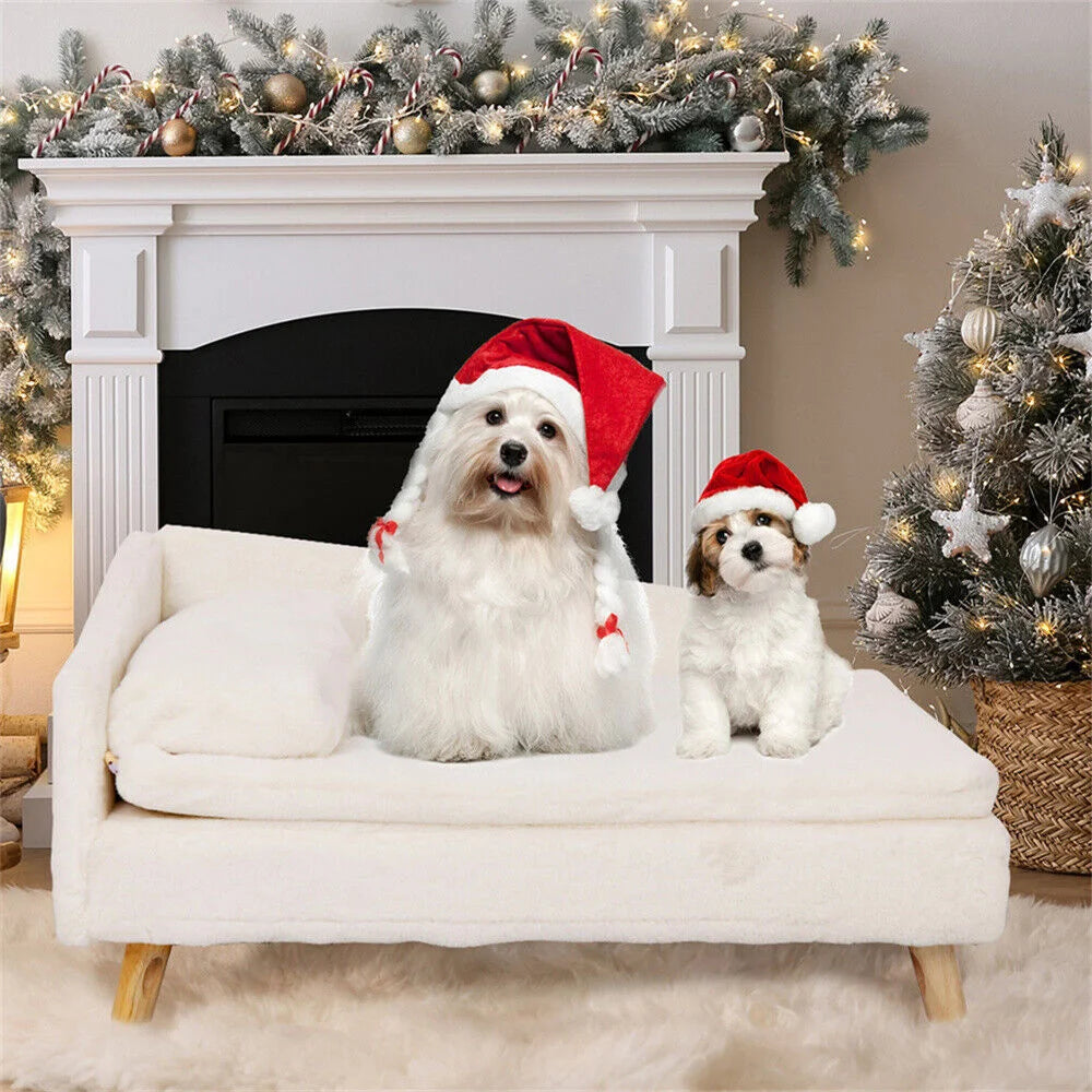 Luxury Elevated Dog Sofa Bed with Backrest Plush Cushion Wooden Legs Raised Dog Bed Lounger Chair for Small Medium Dog Cat Chair