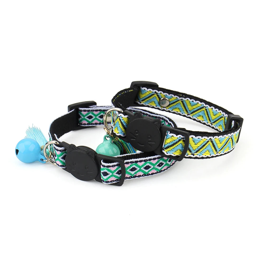 Adjustable Cat Collar Polyester Jacquard Pattern Pet Collar with Bell and Tassel Decoration for Cats and Small Dogs To Keep Lost