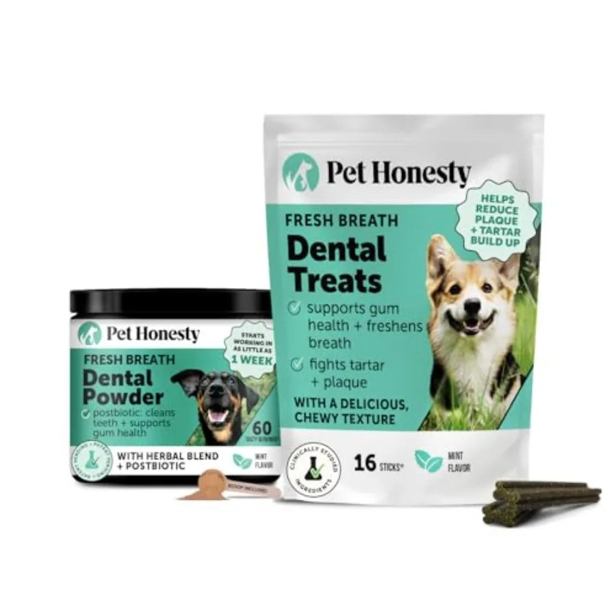 Dog Dental Care Virtual Bundle Mint Dental Powder 60 Servings + Fresh Sticks Oral Hygiene Chews 16 ct