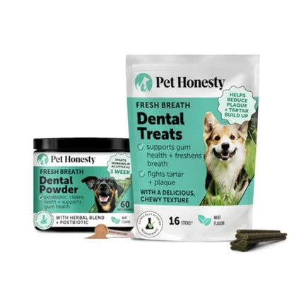 Dog Dental Care Virtual Bundle Mint Dental Powder 60 Servings + Fresh Sticks Oral Hygiene Chews 16 ct