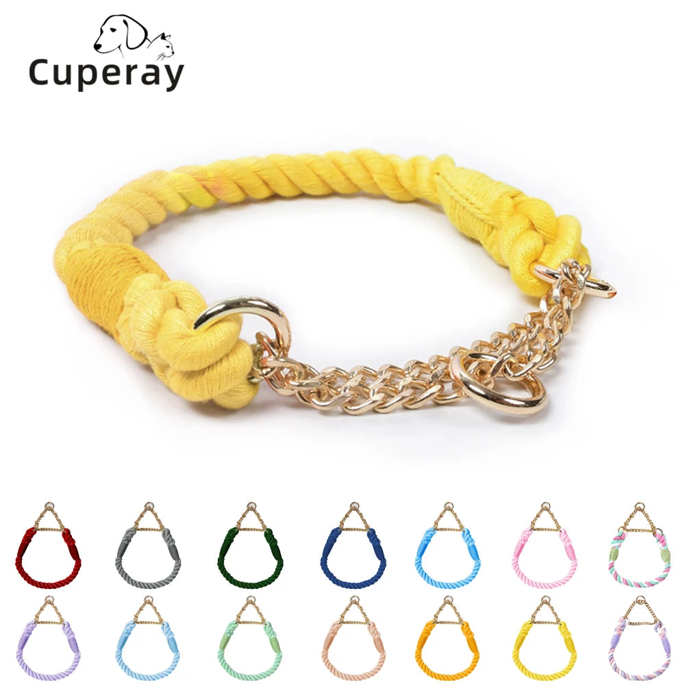 Dog Collar P Chain Comfortable Cotton Dog Collars Adjustable Braided Cotton Multi-Color Rope Collar with Durable Metal Dog Chain