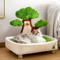 2-in-1 Cat Bed & Scratch Board Combo, Pine Tree Design Pet Furniture with Removable Washable Cushion, All-Season Warm Nest