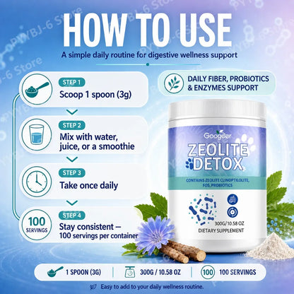 Zeolite Powder with FOS Prebiotic Fiber Probiotics & Digestive Enzymes Daily Gut Balance Supplement 300g 100 Servings