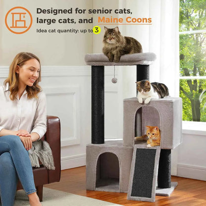 Cat Tree for Indoor Cats Adult, 45-Inch Heavy Duty Cat Tower with Sisal Scratching Ramp, 2 Cat Condo for Extra, Customized