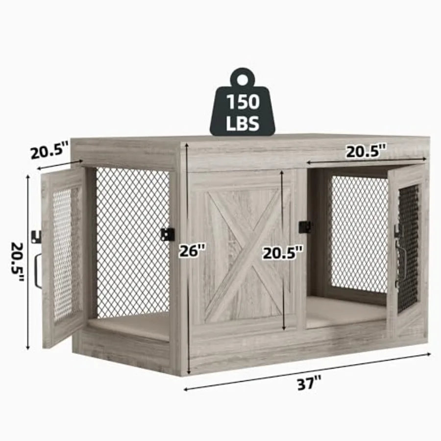 Corner Dog Crate Furniture with Double Doors 36 Inch Wooden Dog Kennel End Table Indoor with Mesh Cage/House for Small Medium L