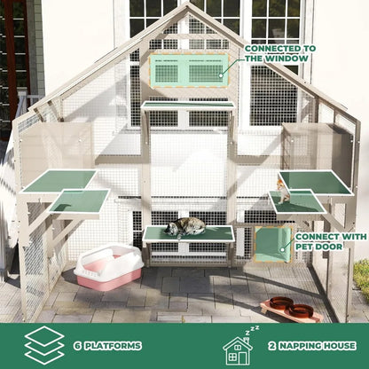 71" H Catio Outdoor Cat Enclosure Weatherproof, Large Walk-in Cat House Attached Window for Multiple Cats, Waterproof Cat Cage