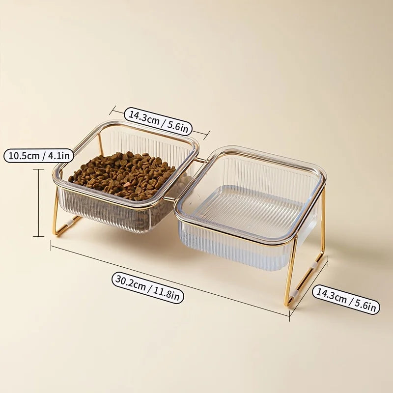 Transparent Elevated Dual Cat Bowl, 2-in-1 Raised Feeder for Food & Water, Tilted Design for Easy Eating, Ideal for Cat Health