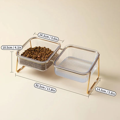 Transparent Elevated Dual Cat Bowl, 2-in-1 Raised Feeder for Food & Water, Tilted Design for Easy Eating, Ideal for Cat Health