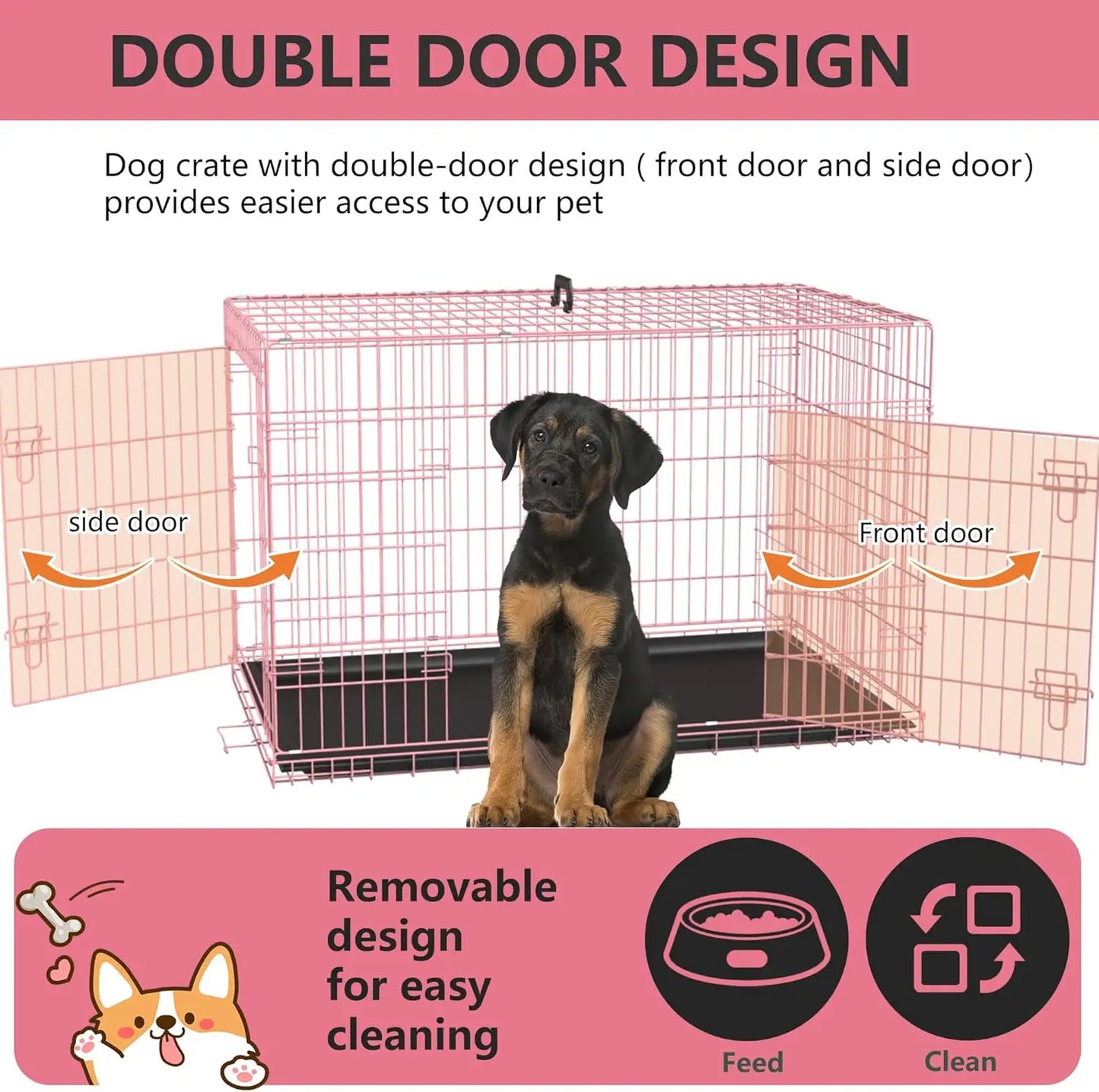 Extra Large Dog Crate with Double Door, 48 Inch Folding Metal Wire Cage, Removable Tray & Divider Panel for Large Dogs in Pink