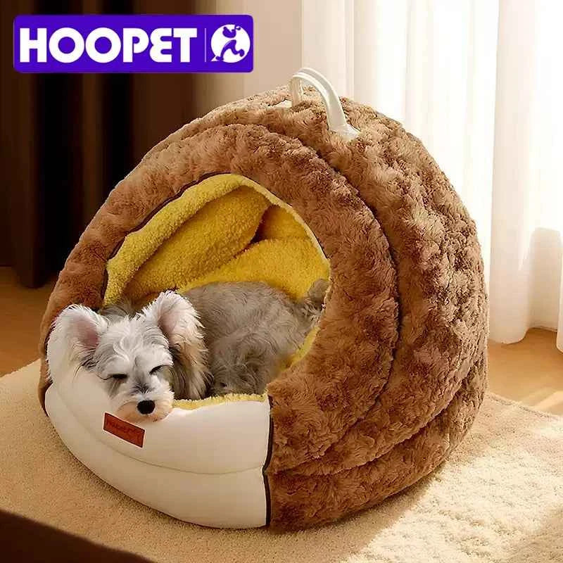 HOOPET Winter Dog Bed with Roof, Semi-Enclosed Warm House & Soft Pad, Plush Security Feeling Comfort Pet Nest for Small Dogs