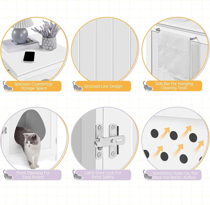 Wooden Cat Litter Box Enclosure with Towel Bar, Pet Washroom Cabinet, White Modern Furniture