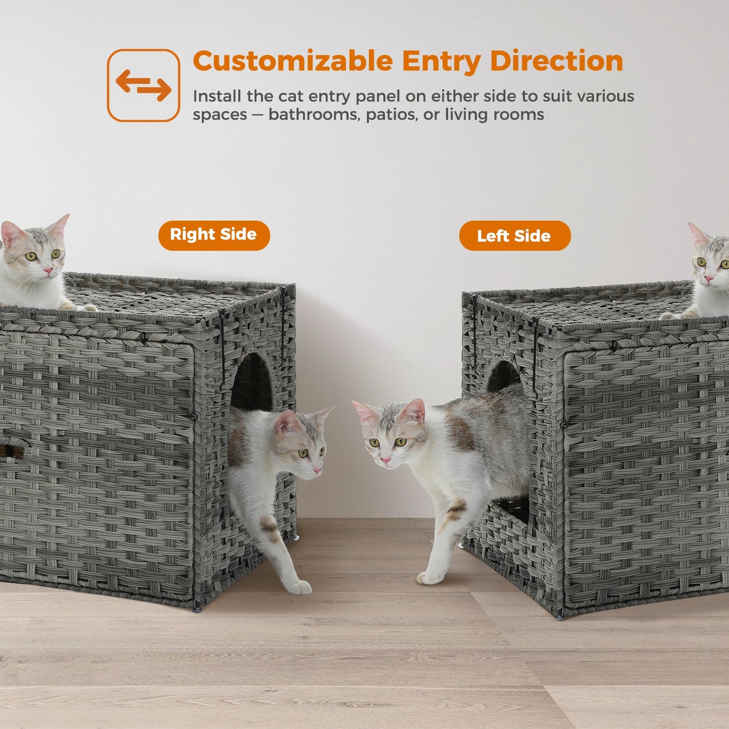 Rattan Cat Litter Box Enclosure Furniture with Door, Handwoven Rattan Hidden Litter Box Living Room Odor Control, Cat House Bed