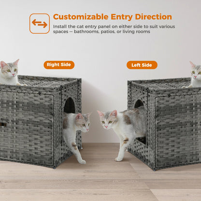 Rattan Cat Litter Box Enclosure Furniture with Door, Handwoven Rattan Hidden Litter Box Living Room Odor Control, Cat House Bed