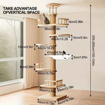 1PC Floor-to-Ceiling Sisal Cat Tree, Multi-Level Design with Hammock, Space Capsule & Observation Perch, Indoor Cat Toy