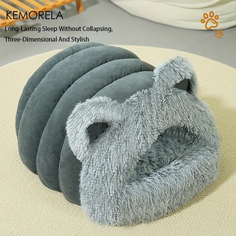 KEMORELA Plush Cat Ears Big Collar Pet Nest Cat Bed For Indoor Cats Thickened Pet Bed Cat House For Autumn And Winter Seasons