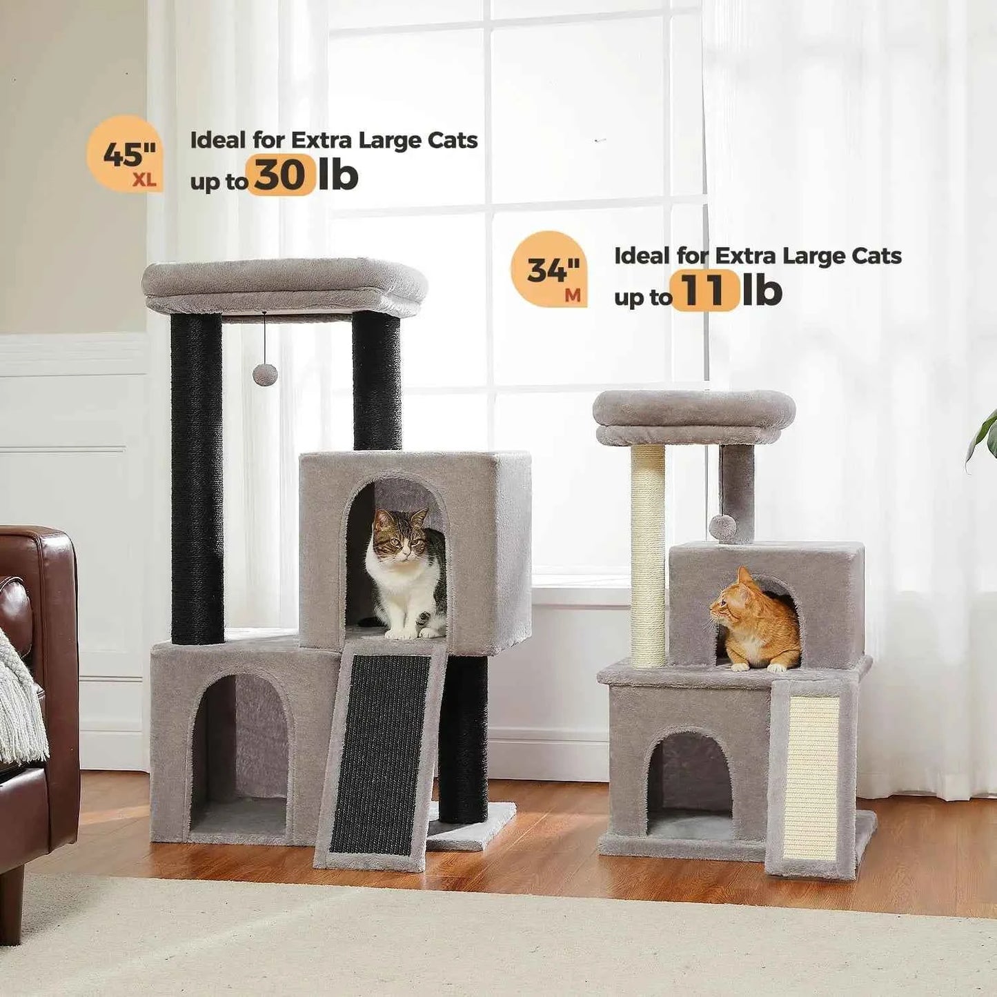 Cat Tree for Indoor Cats Adult, 45-Inch Heavy Duty Cat Tower with Sisal Scratching Ramp, 2 Cat Condo for Extra, Customized