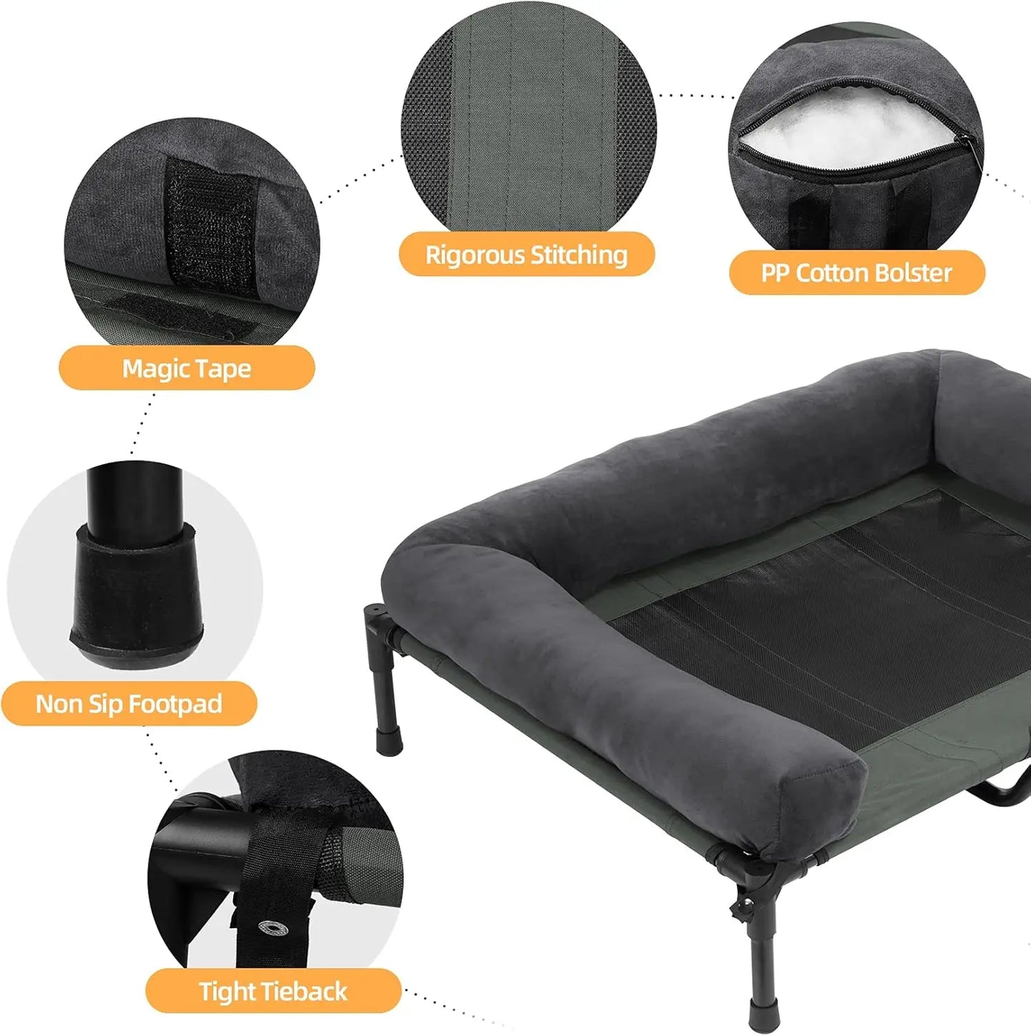 Outdoor Elevated Dog Bed Cooling Raised Pet Lounger Bed Mesh Cot Sleep Camping Bed with Detachable Plush Bolster