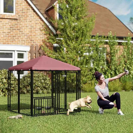 Welded Wire Outdoor Dog Kennel with 360° Rotating & 4 Levels Adjustable Bowls, Waterproof Cover, 4.6' x 4.6' x 5'
