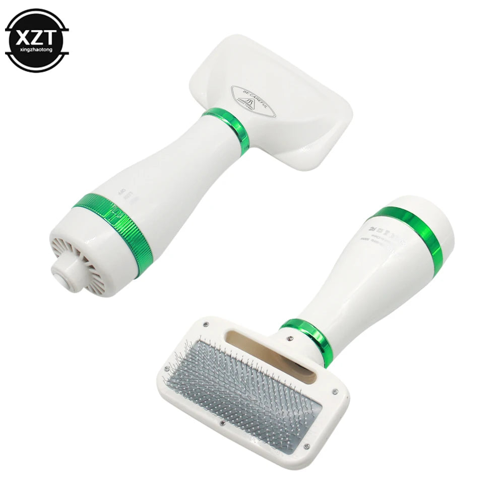White and green pet grooming tool with brush and comb attachments on a white background