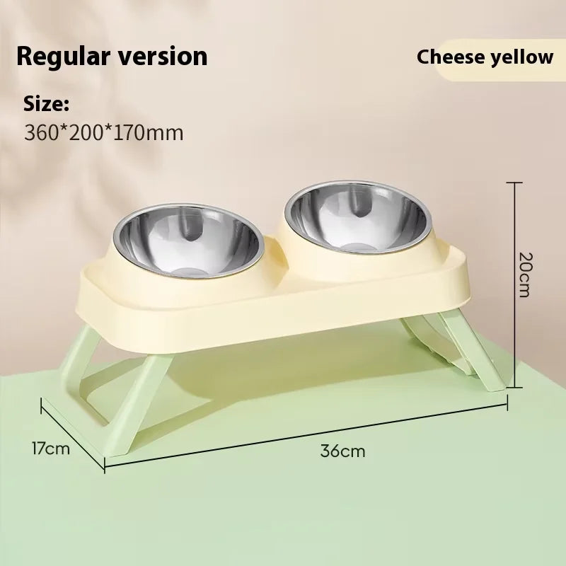 Stainless Steel Foldable Pet Bowl Double Dish - Elevated Feeder with Neck Support Anti-Tip Design for Cats Dogs