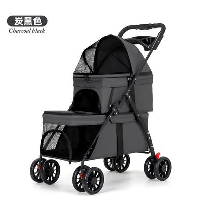 Double Decker Pet Stroller for 2 Dogs Cats, Lightweight Foldable Travel Carrier, Detachable Upper/Lower Pet Trolley for Outdoor