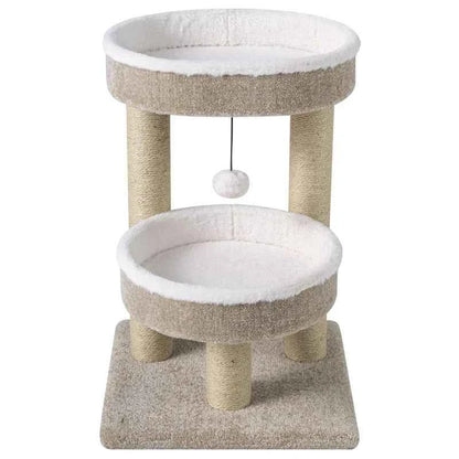 24" Cat Tower with 2 Plush Perches  Scratching Posts and Dangling Ball-Beige