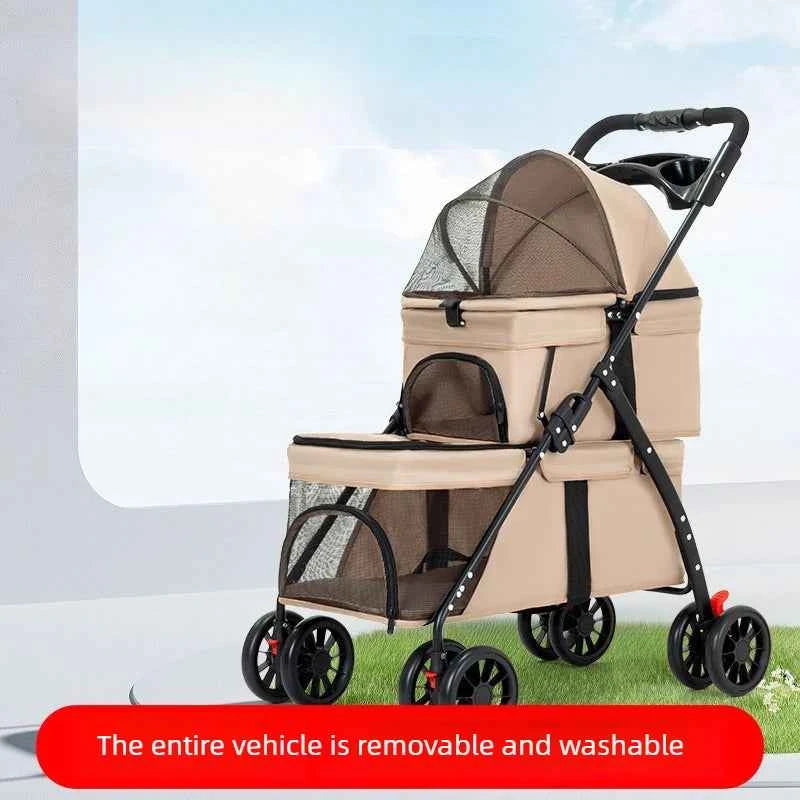 Double Decker Pet Stroller for 2 Dogs Cats, Lightweight Foldable Travel Carrier, Detachable Upper/Lower Pet Trolley for Outdoor