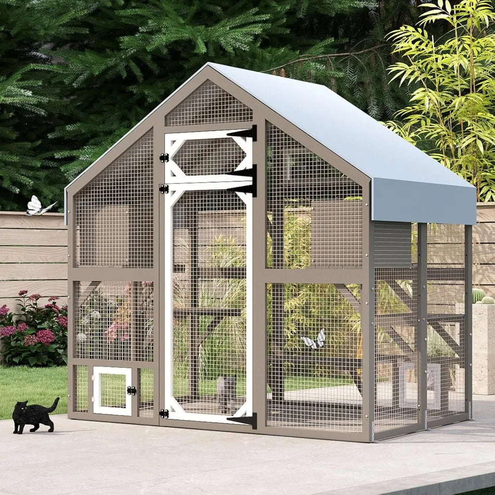 71" H Catio Outdoor Cat Enclosure Weatherproof, Large Walk-in Cat House Attached Window for Multiple Cats, Waterproof Cat Cage