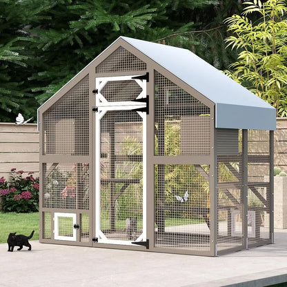 71" H Catio Outdoor Cat Enclosure Weatherproof, Large Walk-in Cat House Attached Window for Multiple Cats, Waterproof Cat Cage