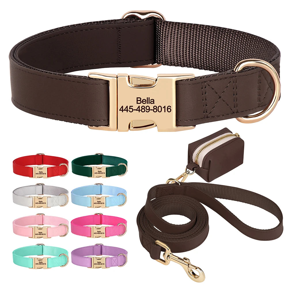 Personalized Dog Collar Leash Bag Set Custom PU Leather Dog Collars Colorful Pet Necklace With Leashes Poop Bag for Dogs Pug